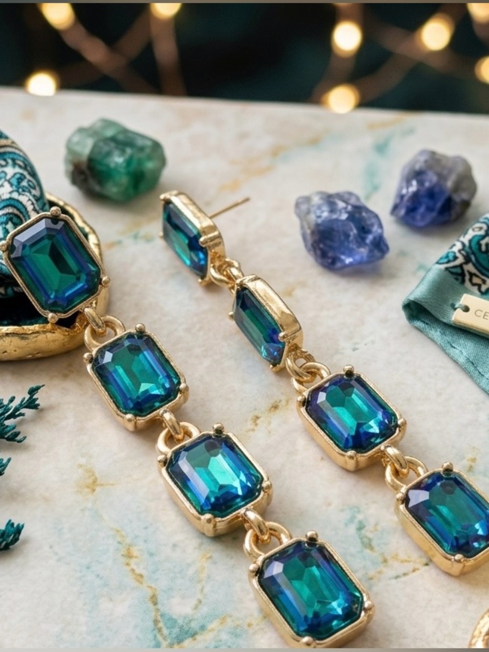 NWT White House Black Market Emerald Blue Crystal Drop Earrings